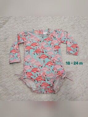 Kids Long-Sleeve Flamingo Rashguard Swimsuit - Pink Aqua